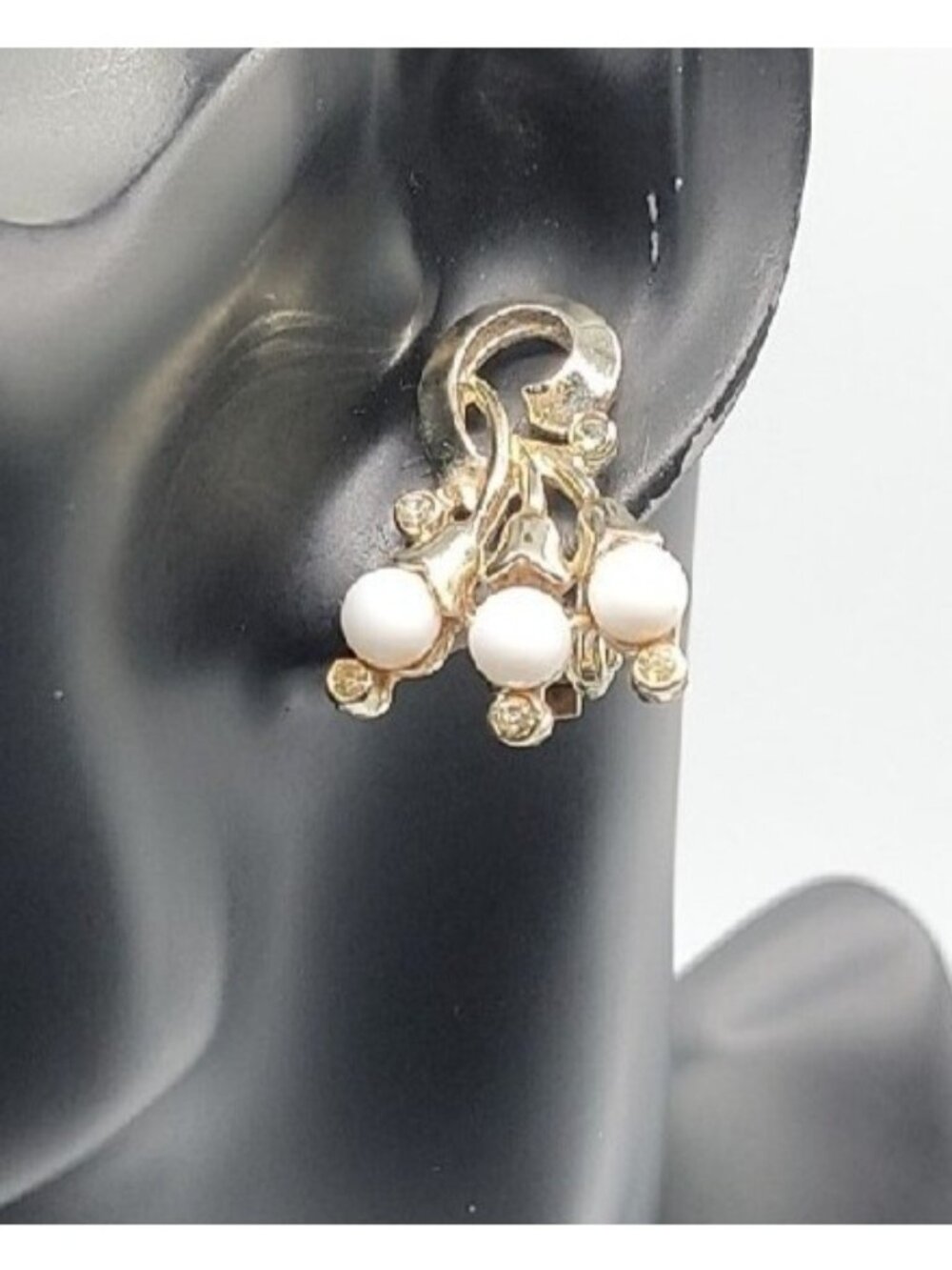 Vintage Floral Cascade Milk Glass Balls & Rhinestones Clip On Earrings Gold Tone